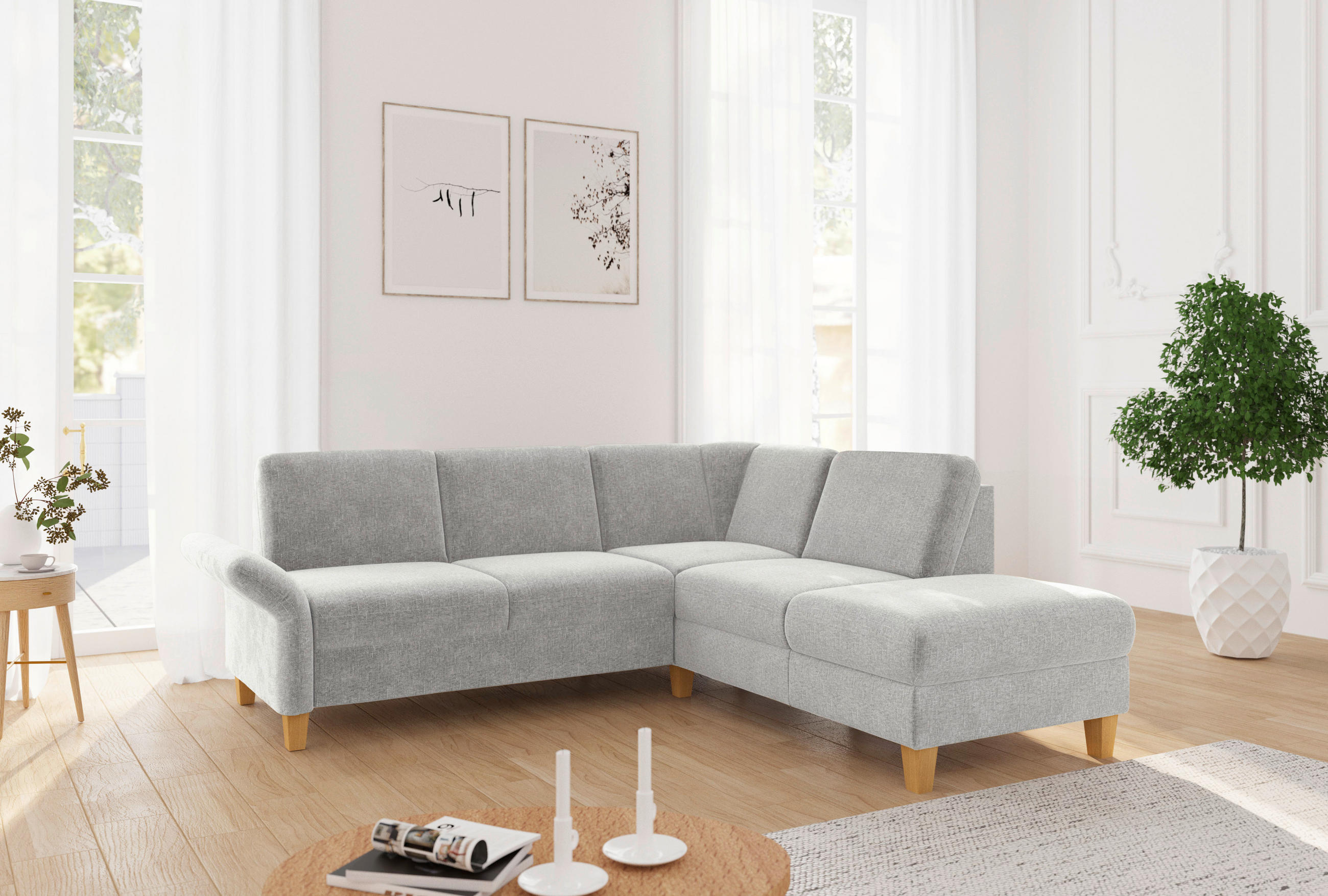 ECKSOFA ROCHELLE E Hellgrau Flachgewebe  - Eichefarben/Hellgrau, KONVENTIONELL, Holz/Textil (240/216cm) - Sit & More