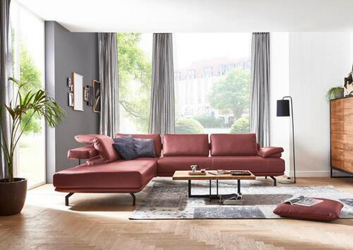 ECKSOFA in Echtleder Weinrot  - Chromfarben/Weinrot, Design, Leder/Metall (255/325cm) - Dieter Knoll