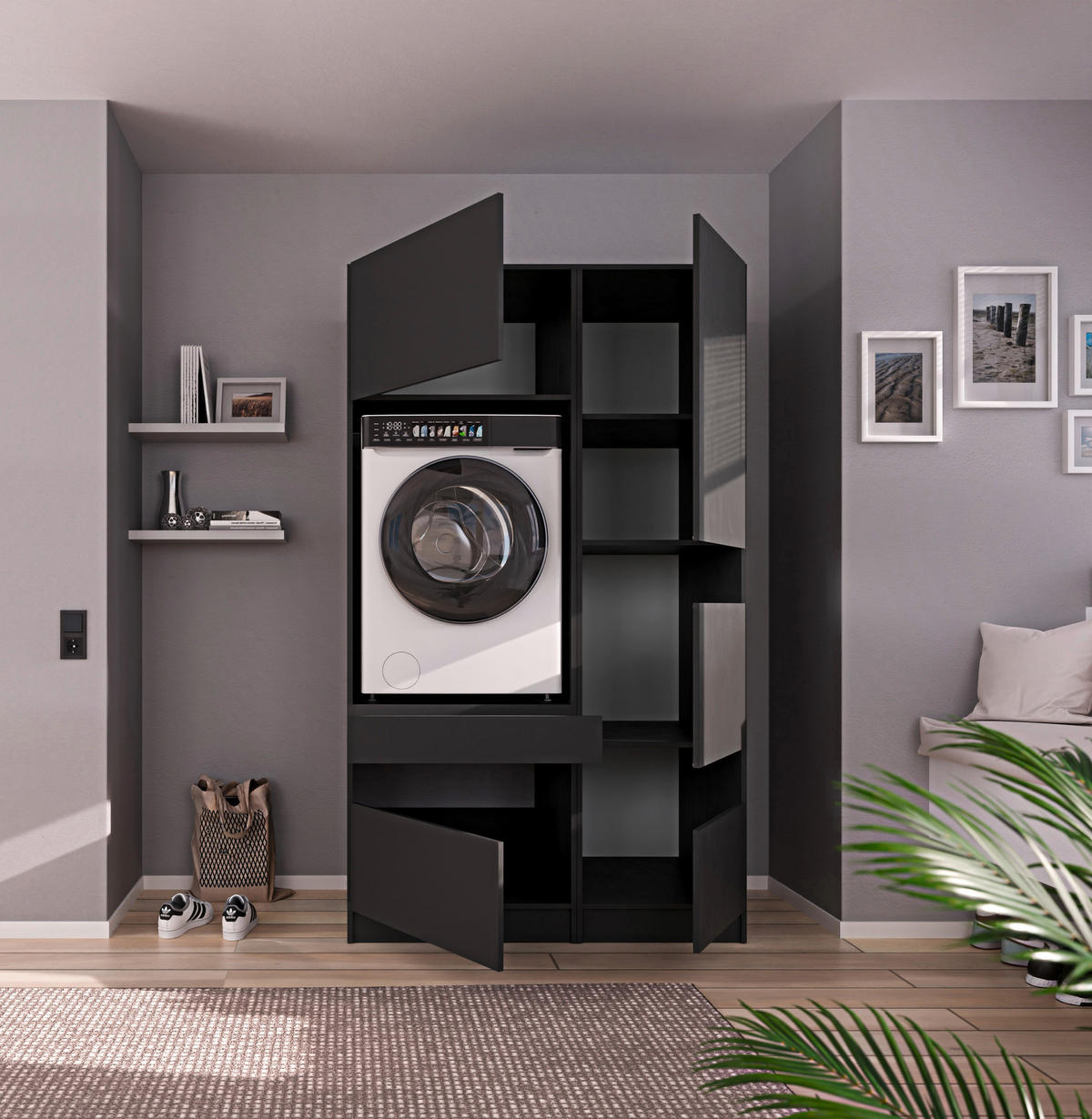 WASCHMASCHINENSCHRANK 68/200/68 cm  in Anthrazit  - Anthrazit/Schwarz, Design, Holzwerkstoff/Metall (68/200/68cm) - Milino
