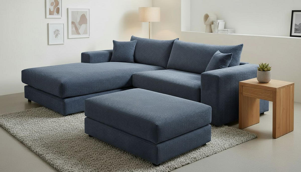 ECKSOFA  Cord, Velours Blau  - Blau/Schwarz, Basics, Kunststoff/Textil (180/265cm) - Livetastic