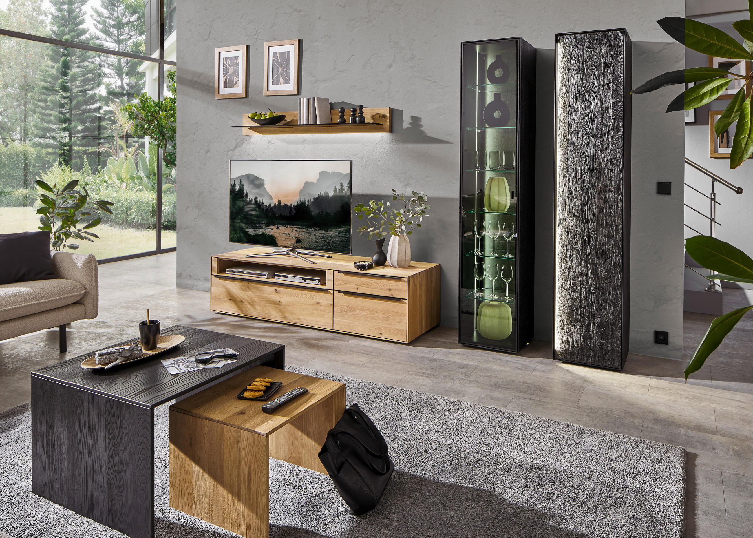 WOHNWAND  in Schwarz, Eichefarben 295/206/57 cm  - Eichefarben/Anthrazit, Natur, Glas/Holz (295/206/57cm) - Valnatura