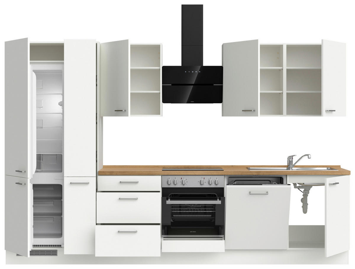 KÜCHENLEERBLOCK 330 cm   in Weiß, Eichefarben  - Edelstahlfarben/Eichefarben, MODERN, Holzwerkstoff/Metall (330cm) - Nobilia