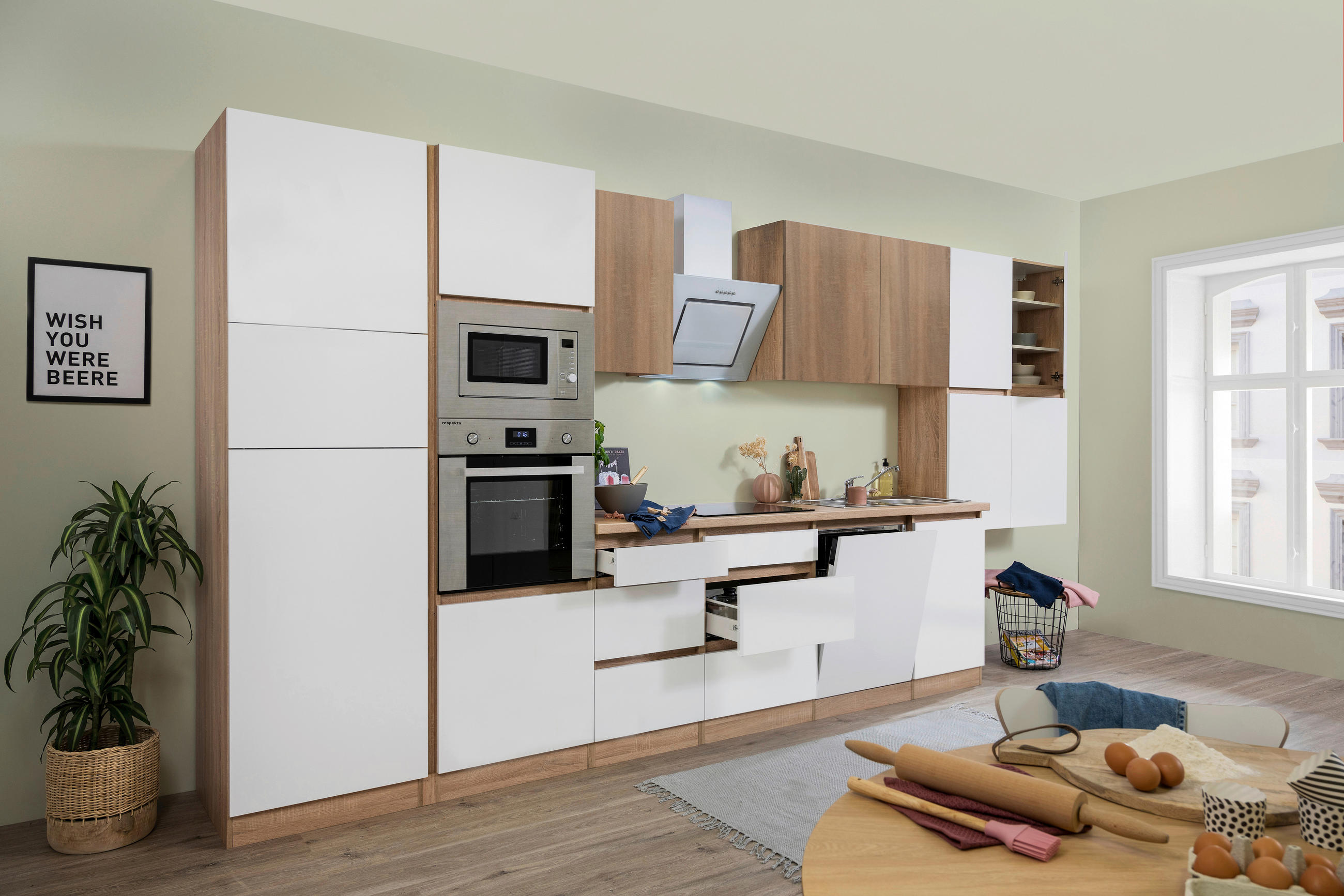 Küchenzeile Premium mit Geräten 445 cm Weiß/Eiche Dekor