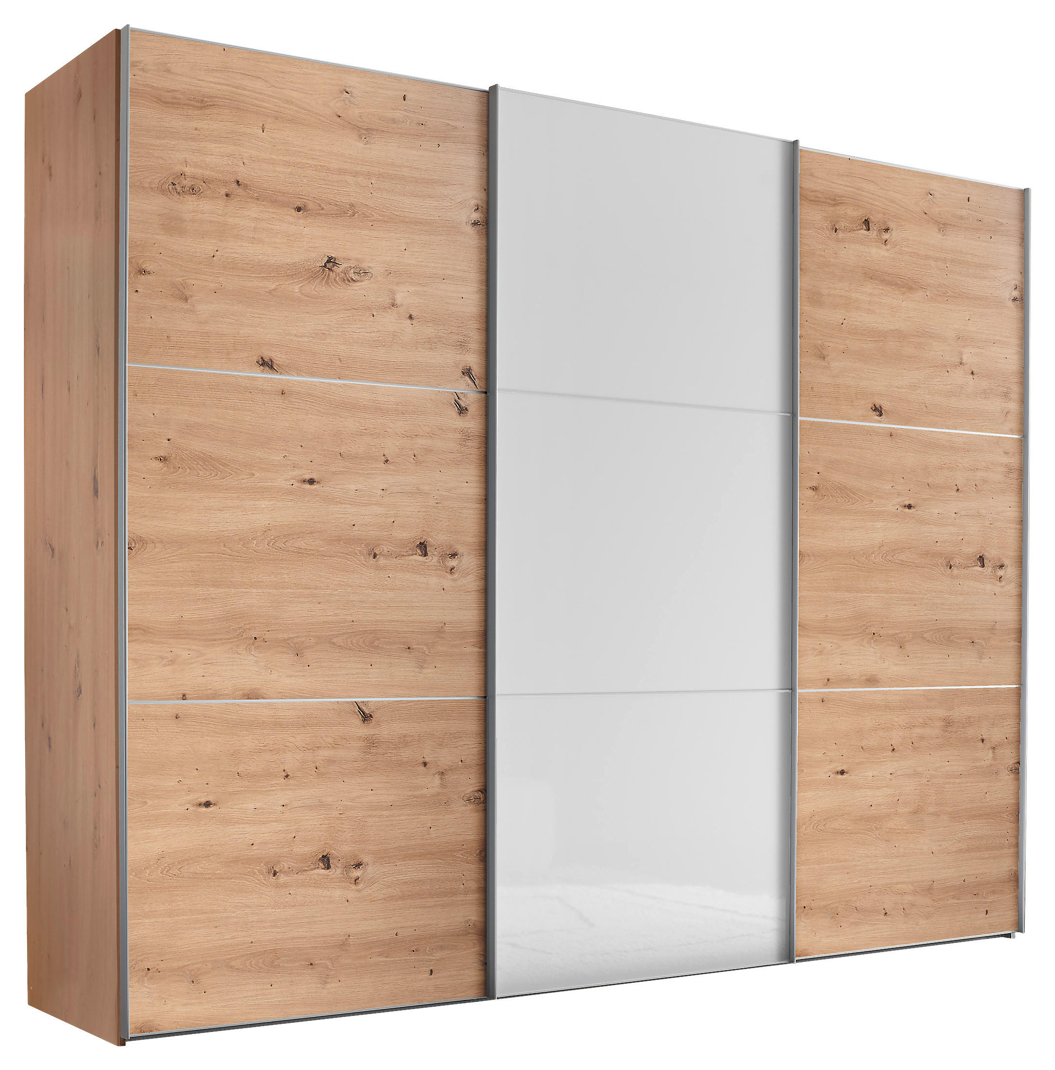 Moderano Schwebetürenschrank Alu, Eiche Artisan, Weiß Hochglanz 298x222x68 cm