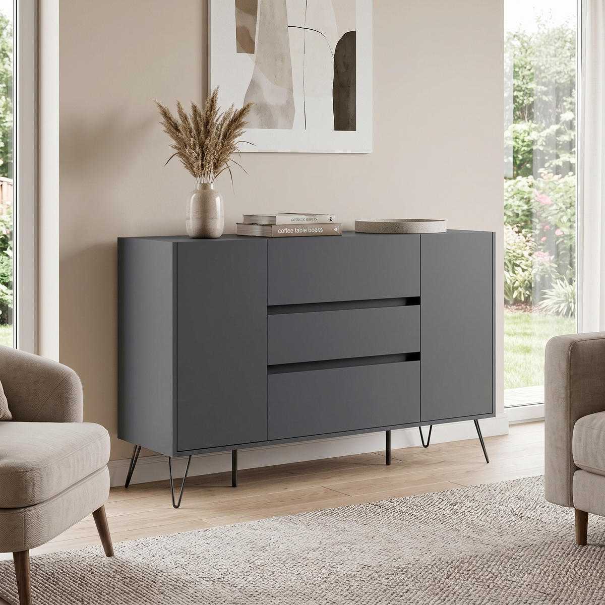 SIDEBOARD Posseik Industrial 155/93,6/42 cm 3 Schublade(n)  - Graphitfarben/Schwarz, Design, Holzwerkstoff/Metall (155/93,6/42cm) - MID.YOU