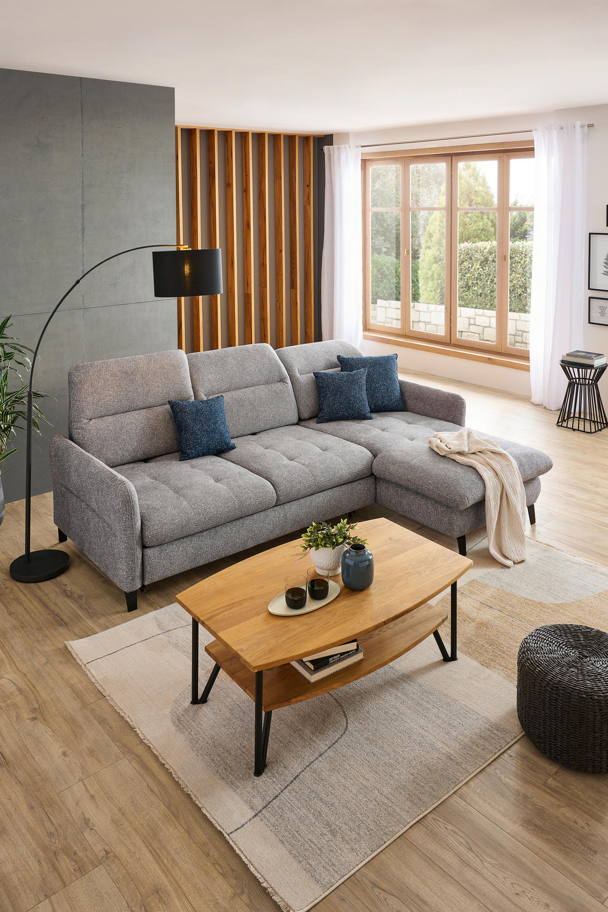 ECKSOFA Hellgrau Plüsch  - Hellgrau/Schwarz, KONVENTIONELL, Textil/Metall (254/190cm) - Livetastic