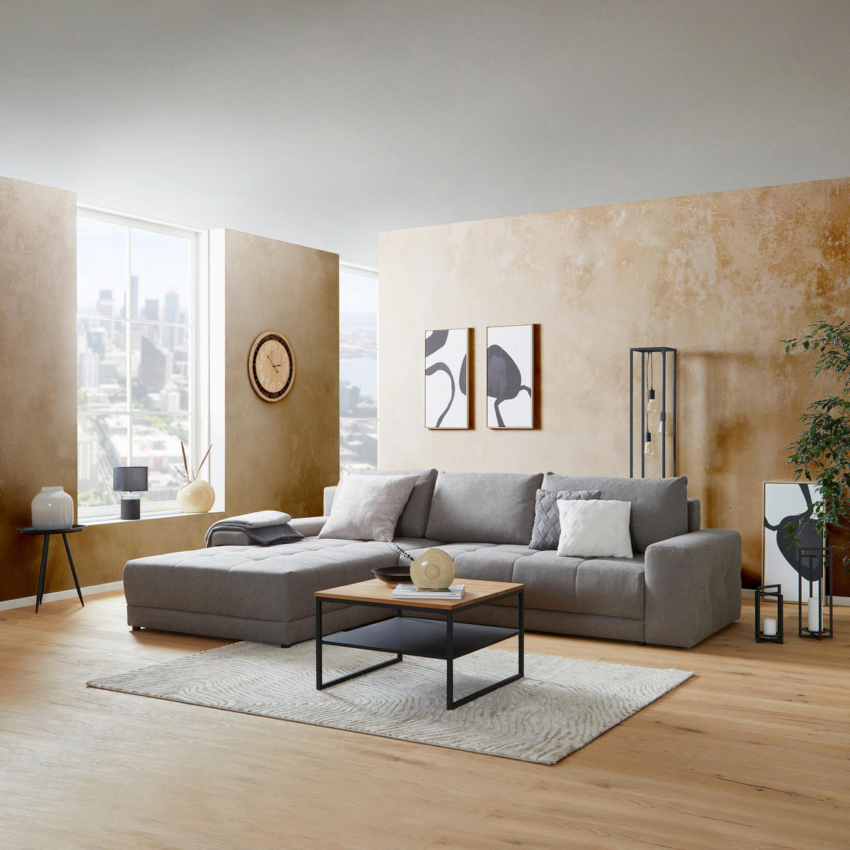 ECKSOFA Greige Webstoff  - Greige/Schwarz, MODERN, Kunststoff/Textil (213/308cm) - MID.YOU