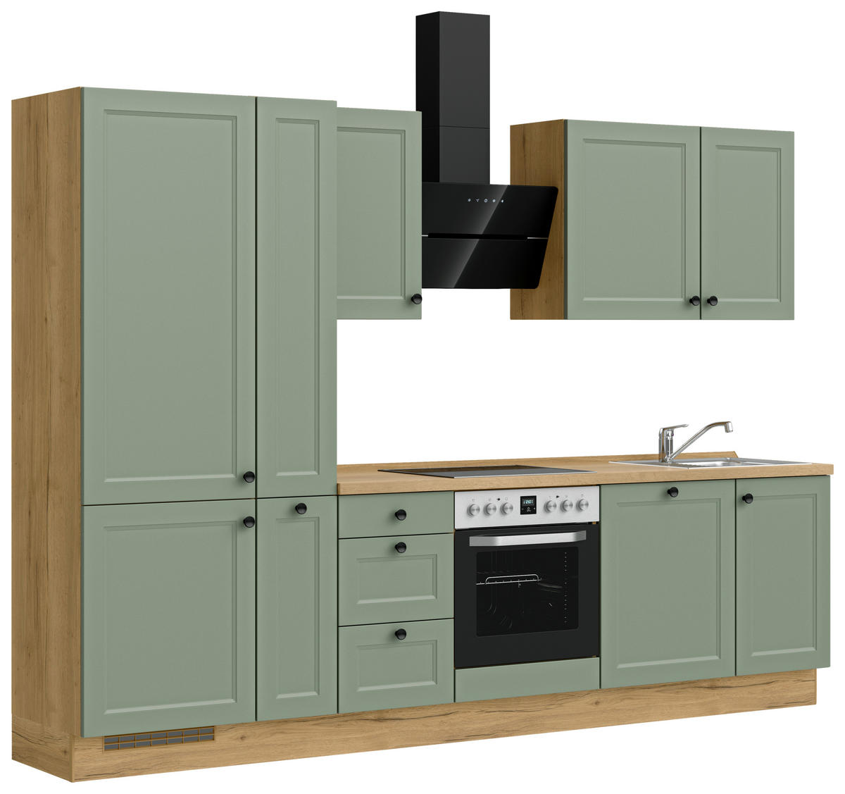 KÜCHENBLOCK 300 cm   in Eichefarben, Schilfgrün  - Schilfgrün/Eichefarben, MODERN, Holzwerkstoff/Metall (300cm) - Nobilia