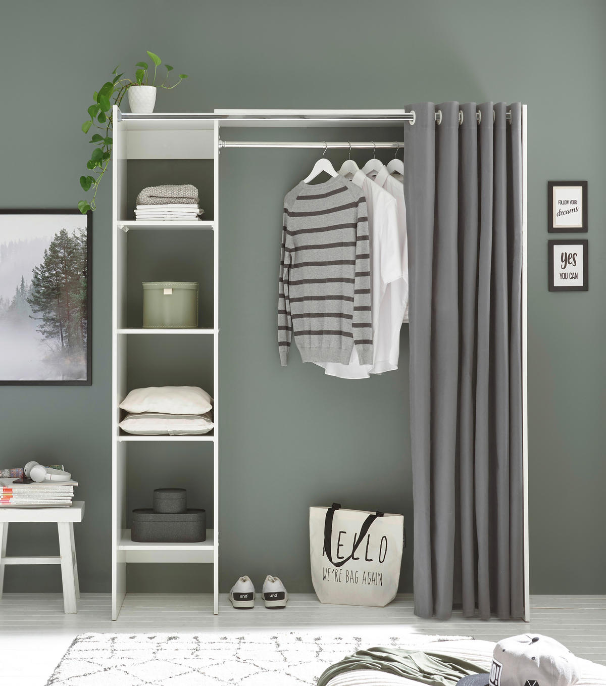OTVORENI ORMAR ZA ODJEĆU     - bijela/siva, Basics, drvni materijal/tekstil (120-157/195/50cm) - MID.YOU