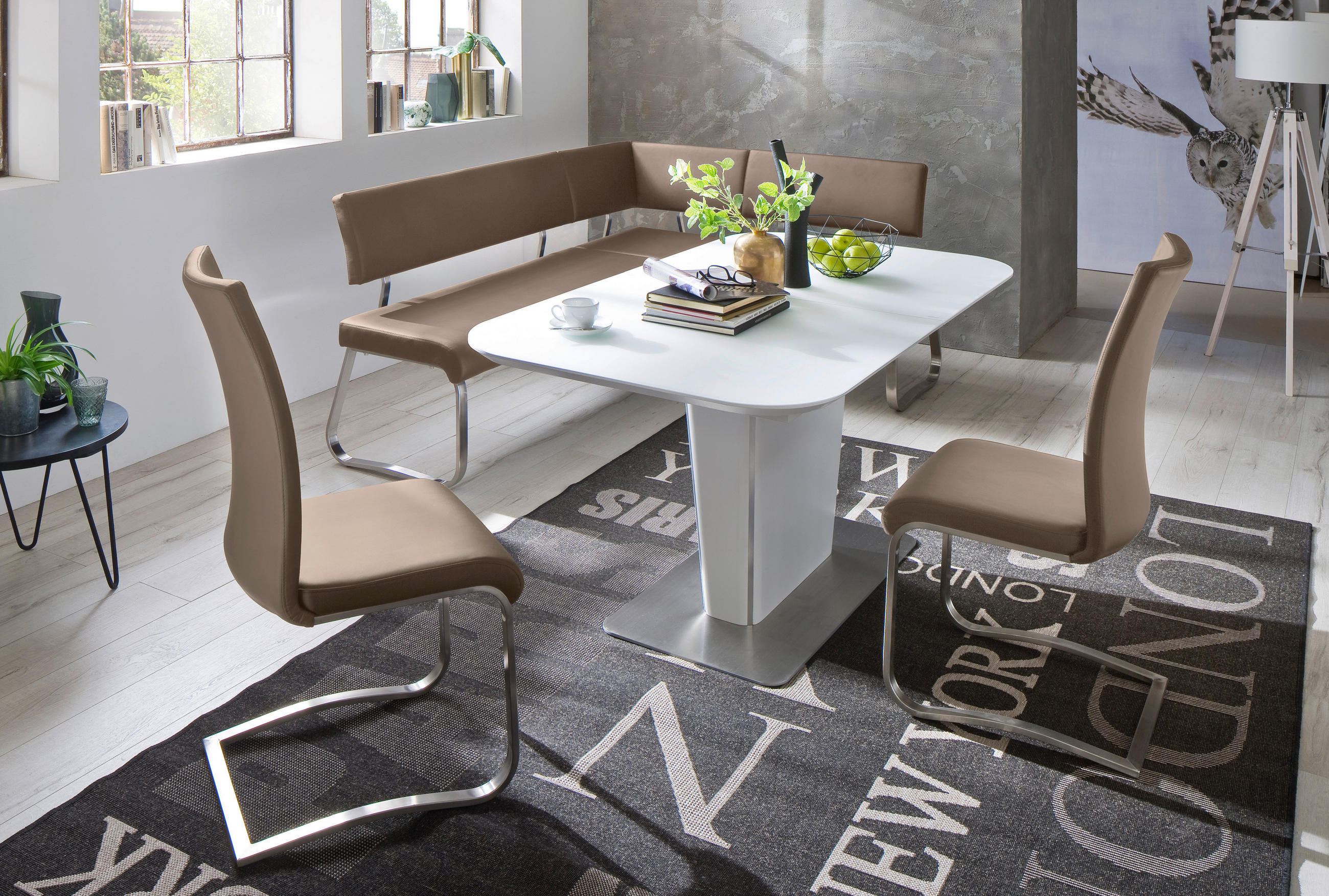 ECKBANK 200/150 cm Lederlook Edelstahlfarben, Cappuccino   - Edelstahlfarben/Cappuccino, Design, Textil/Metall (200/150cm) - Livetastic