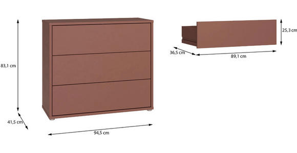 KOMMODE , 95/83/42 cm, 3 Schublade(n)  - Silberfarben/Terracotta, Trend, Holzwerkstoff/Kunststoff (95/83/42cm) - Carryhome