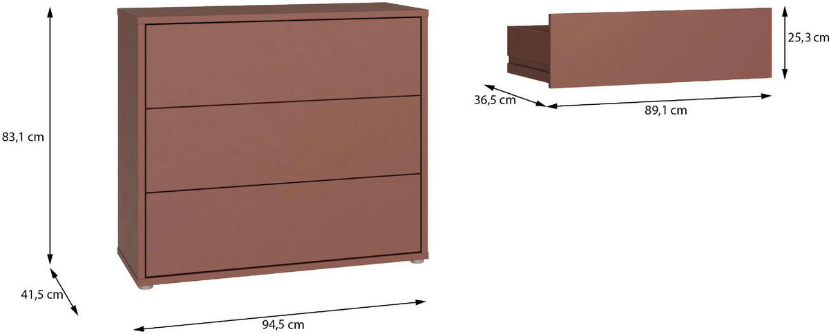 KOMMODE , 95/83/42 cm, 3 Schublade(n)  - Silberfarben/Terracotta, Trend, Holzwerkstoff/Kunststoff (95/83/42cm) - Carryhome