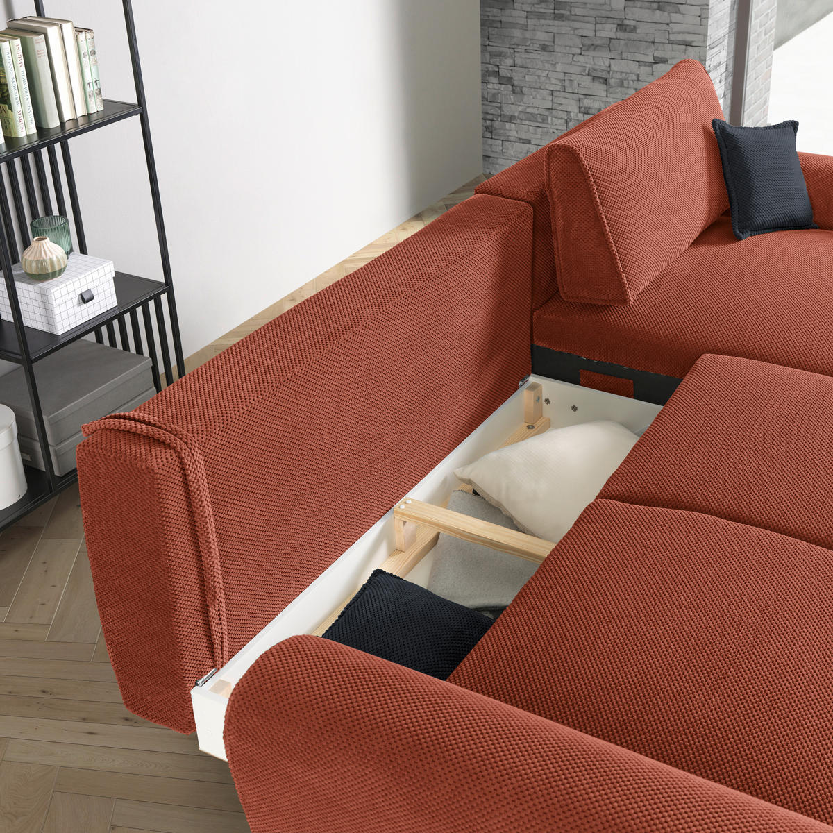 ECKSOFA in Webstoff Dunkelorange  - Dunkelorange/Schwarz, Design, Textil/Metall (272/170cm) - Welnova