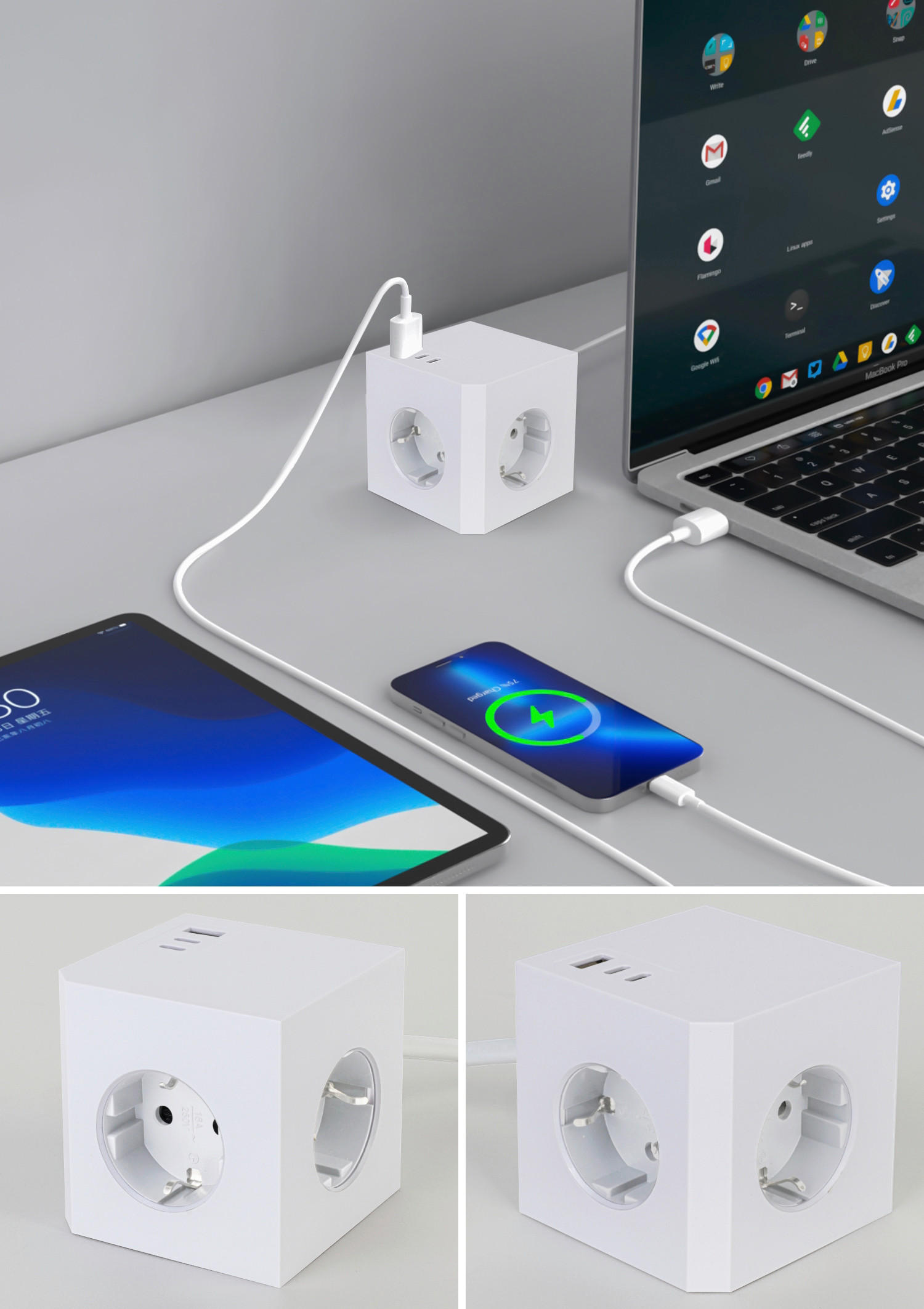 PRODLUŽOVAČKA KABEL KOSTKA   - bílá, Basics, plast (7,5/7,5/7,5cm) - Mican