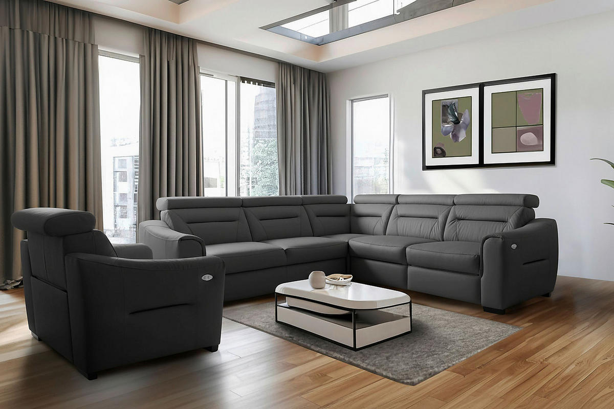 ECKSOFA  in Lederlook Echtleder Anthrazit  - Wengefarben/Anthrazit, Design, Leder/Holz (260/260cm) - Celina Home