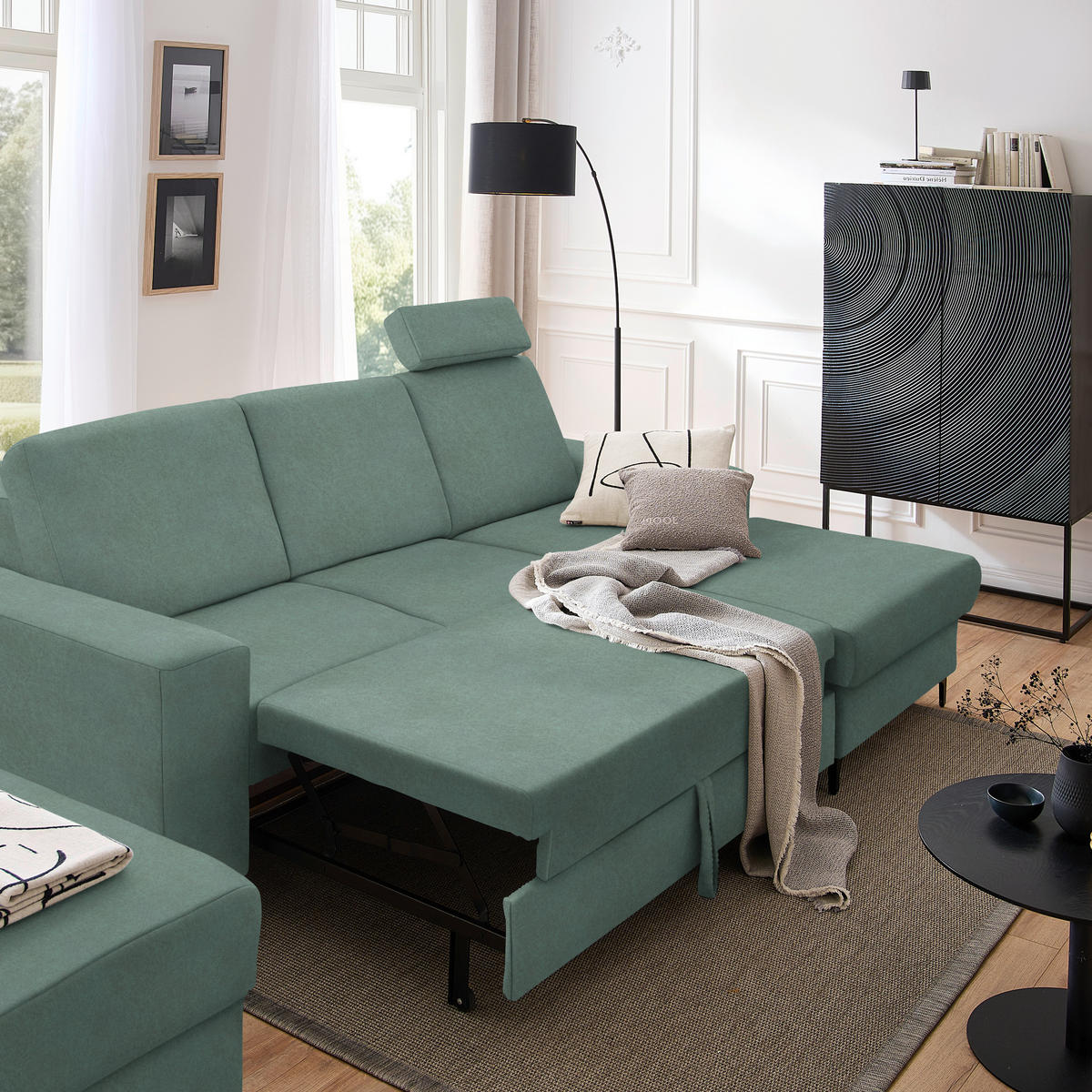 ECKSOFA Mintgrün Velours  - Schwarz/Mintgrün, KONVENTIONELL, Textil/Metall (247/167cm) - Stylife