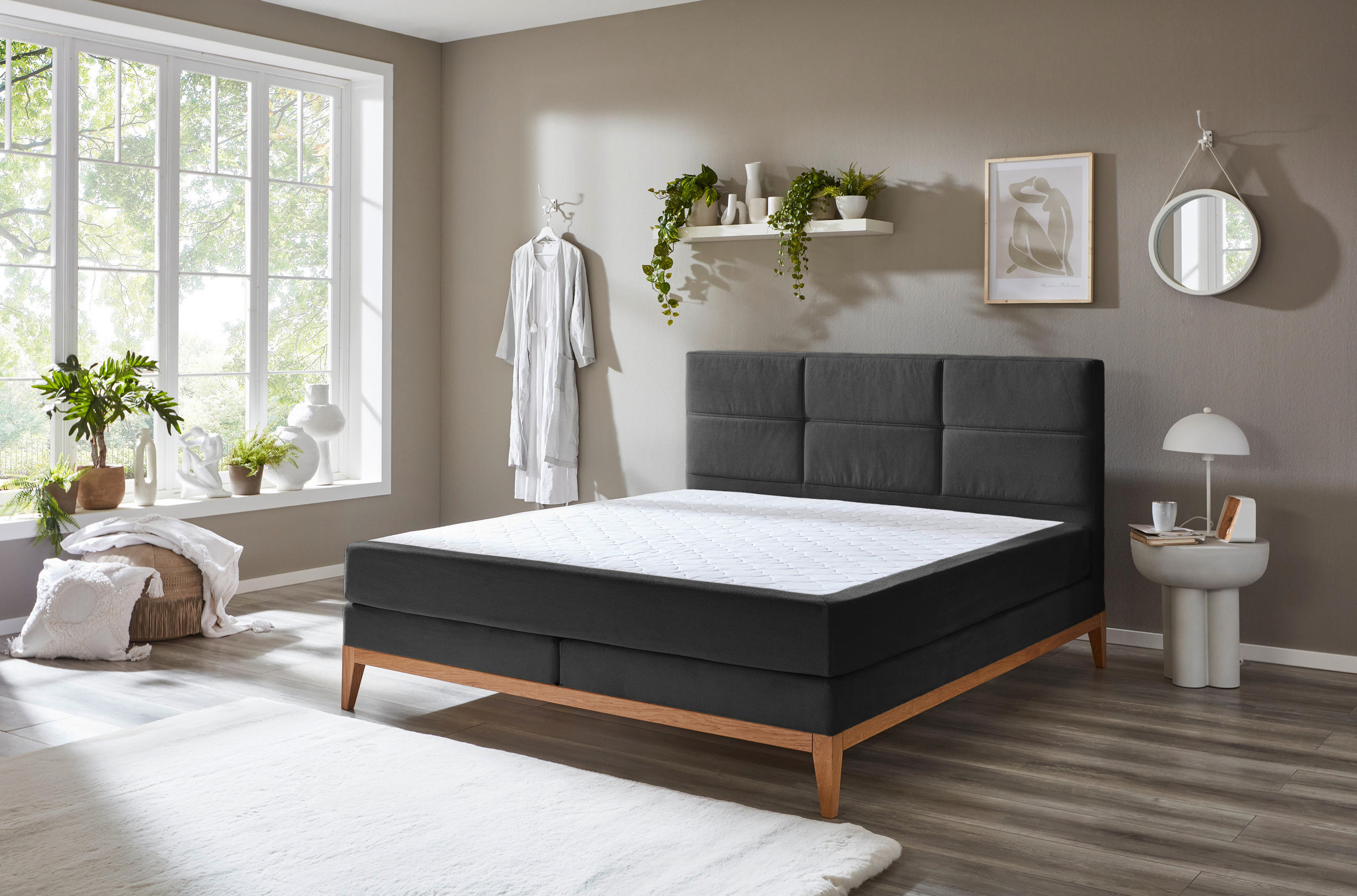 Thumbnail - Boxxx Boxspringbett, Anthrazit, Textil, Eiche, massiv, H2, 7-Zonen, Höhe ca. 18 cm, 180x200 cm, gepolstertes Kopfteil, P...