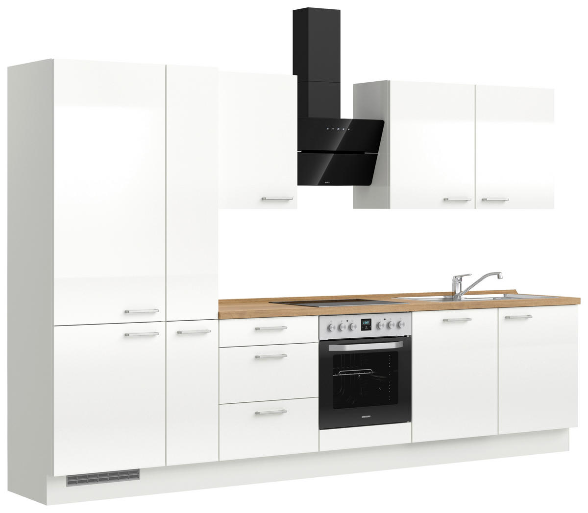KÜCHENLEERBLOCK 330 cm   in Eichefarben, Weiß Hochglanz  - Edelstahlfarben/Eichefarben, MODERN, Holzwerkstoff/Metall (330cm) - Nobilia