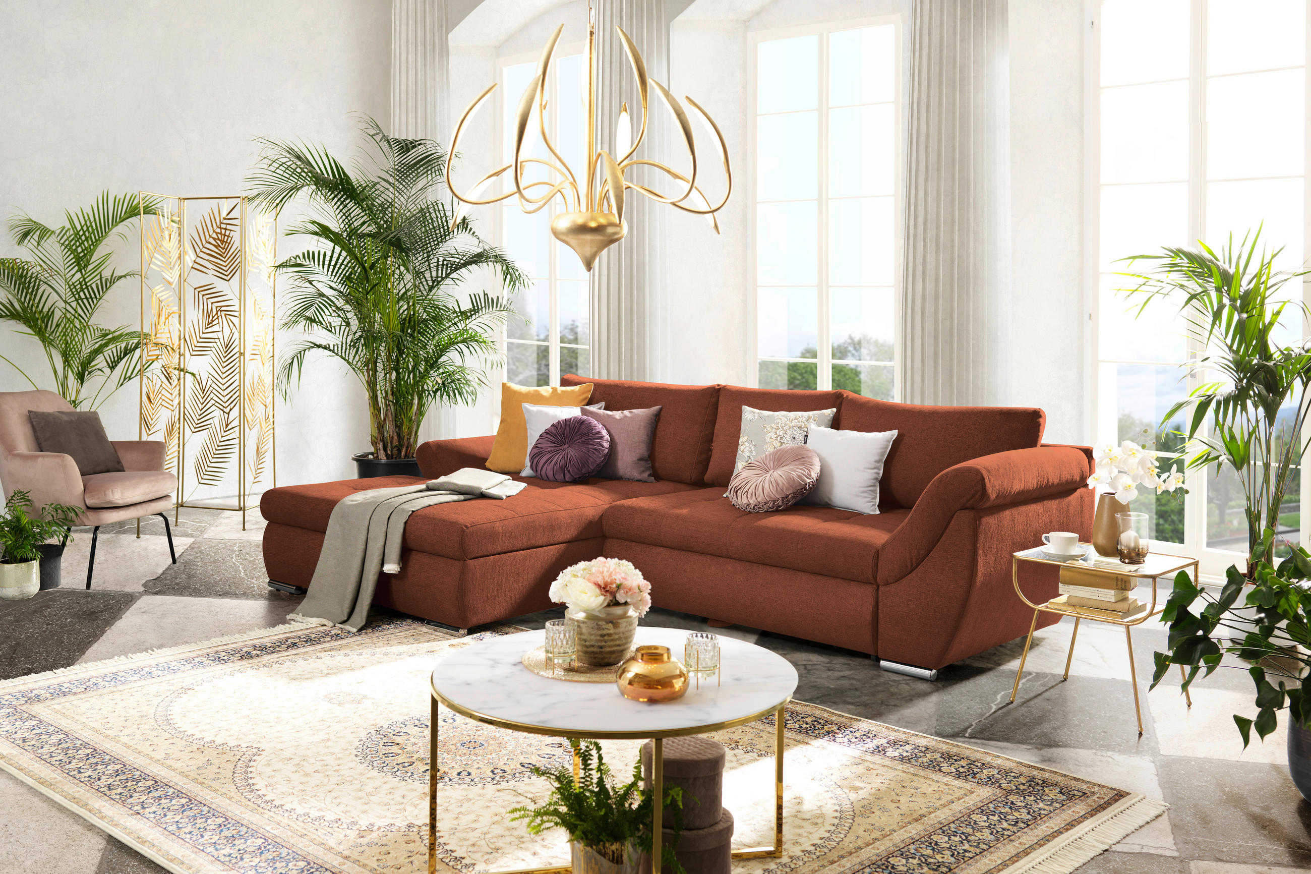 ECKSOFA in Flachgewebe Rostfarben  - Rostfarben/Silberfarben, Design, Textil/Metall (174/306cm) - MID.YOU
