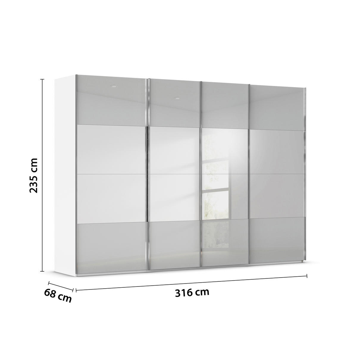 SCHWEBETÜRENSCHRANK 316/235/68 cm 4-türig Weiß, Seidengrau  - Chromfarben/Seidengrau, Design, Glas/Holzwerkstoff (316/235/68cm) - Novel