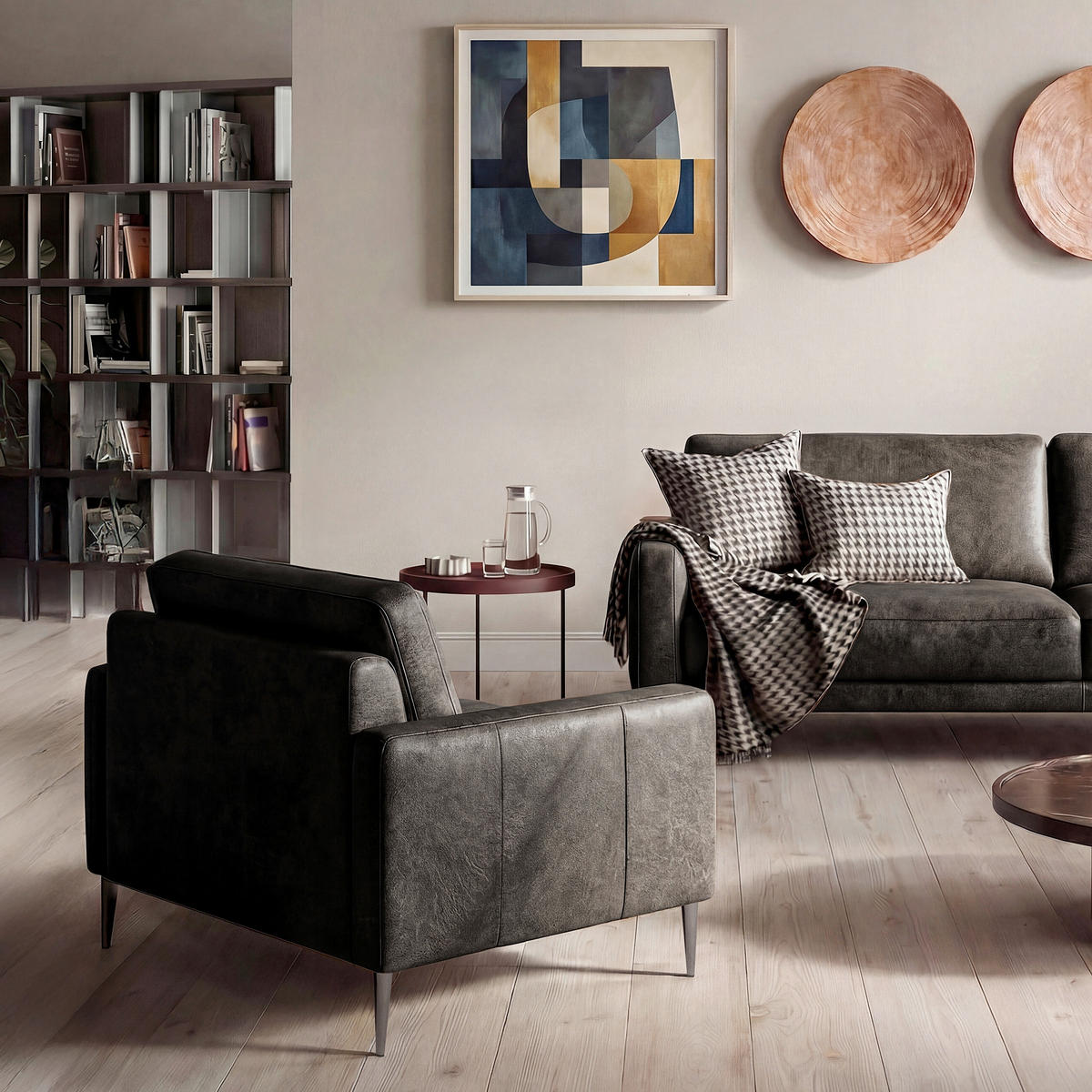 SESSEL 88/85/92 cm  in Lederlook Echtleder Dunkelgrau  - Dunkelgrau/Schwarzchrom, Design, Leder/Textil (88/85/92cm) - Livetastic