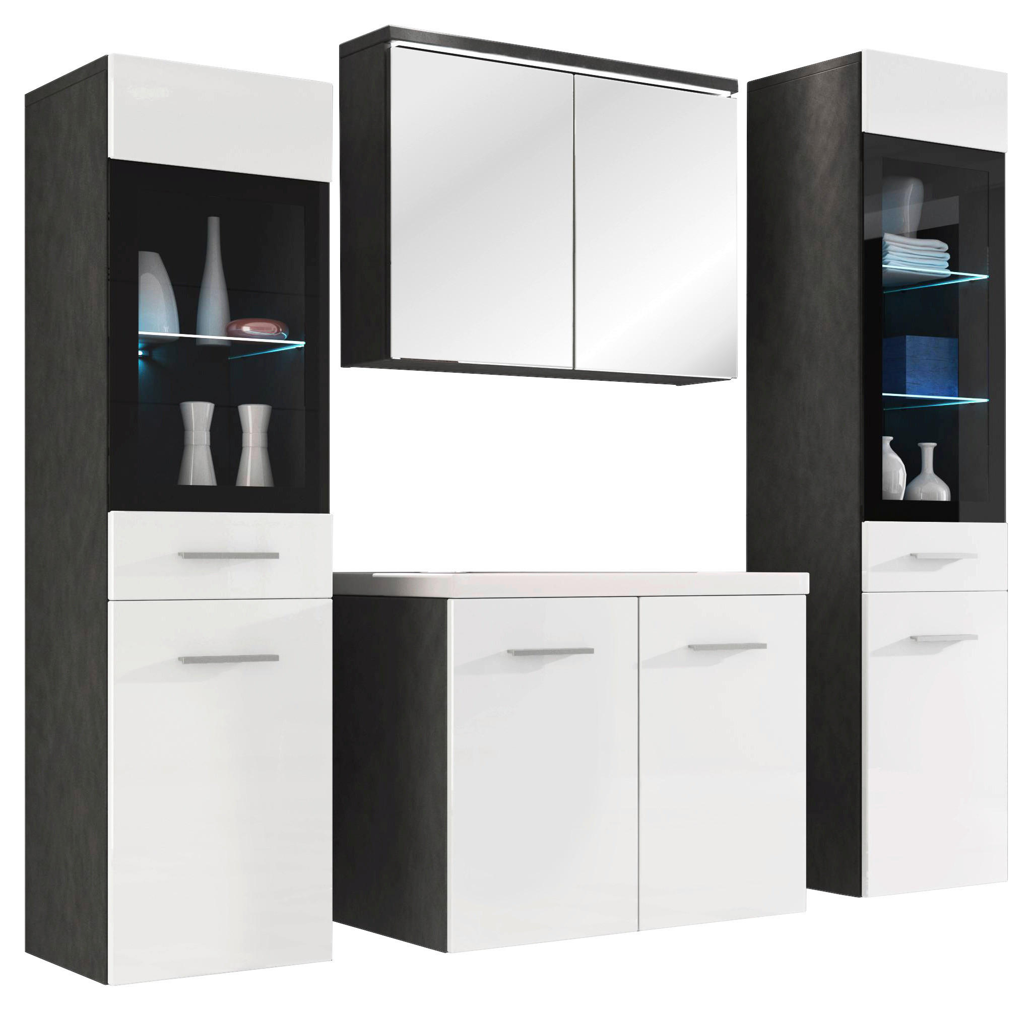 BADEZIMMER 5-teilig in 120 cm - Weiß Hochglanz/Anthrazit, Basics, Glas/Holzwerkstoff (120cm) - P & B