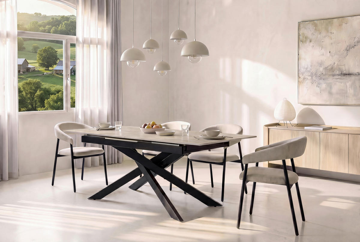 ESSTISCH 200/90/76 cm  Metall, Stein ausziehbar rechteckig Schwarz, Beige  - Beige/Schwarz, MODERN, Stein/Metall (200/90/76cm) - MID.YOU