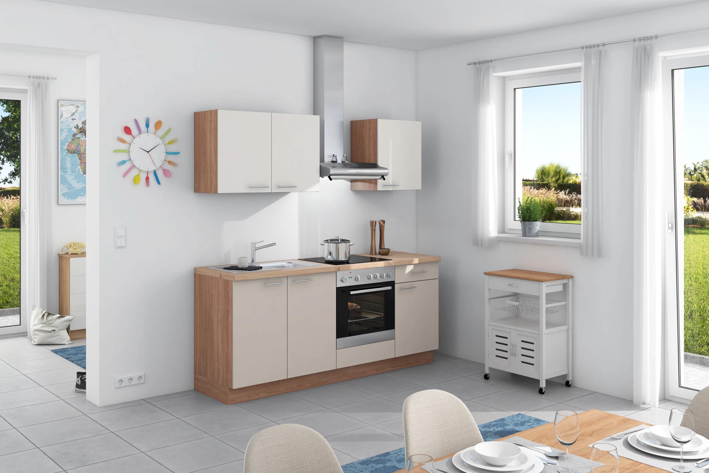 Küchenzeile Base ohne Geräte 200 cm Weiß/Crema