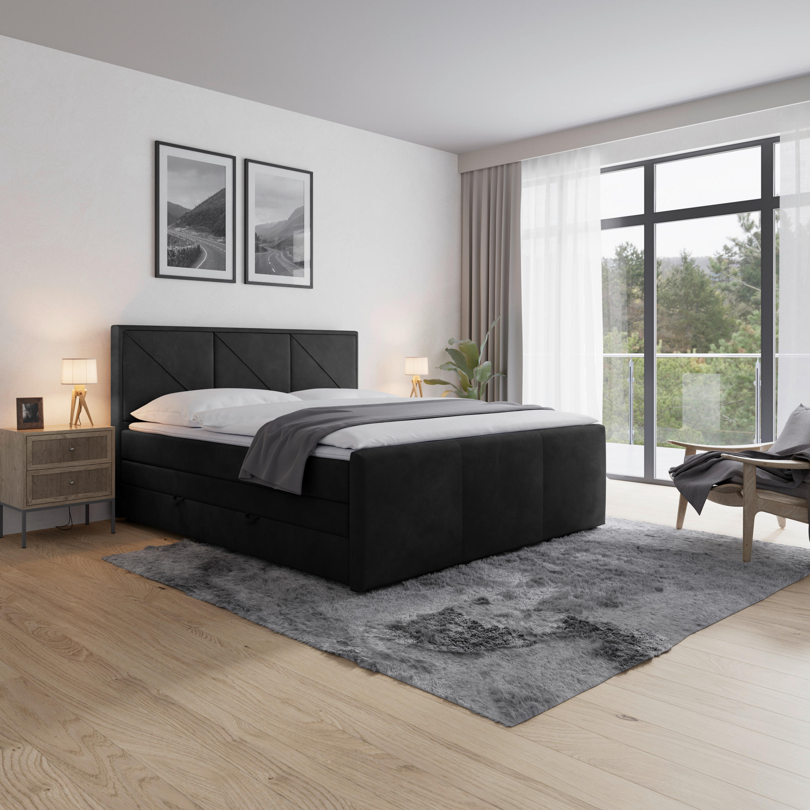 POSTELJA BOXSPRING 180 cm x 200 cm , karton, leseni material črna - črna, Moderno, kovina/umetna masa (180/200cm) - MID.YOU
