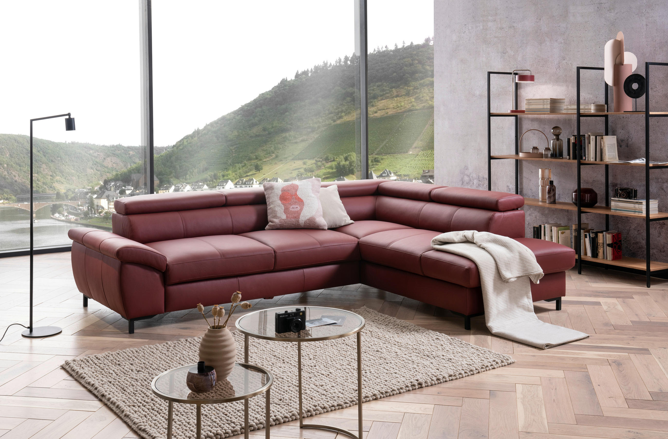 ECKSOFA Bordeaux Echtleder  - Bordeaux/Schwarz, Design, Leder/Metall (268/213cm)