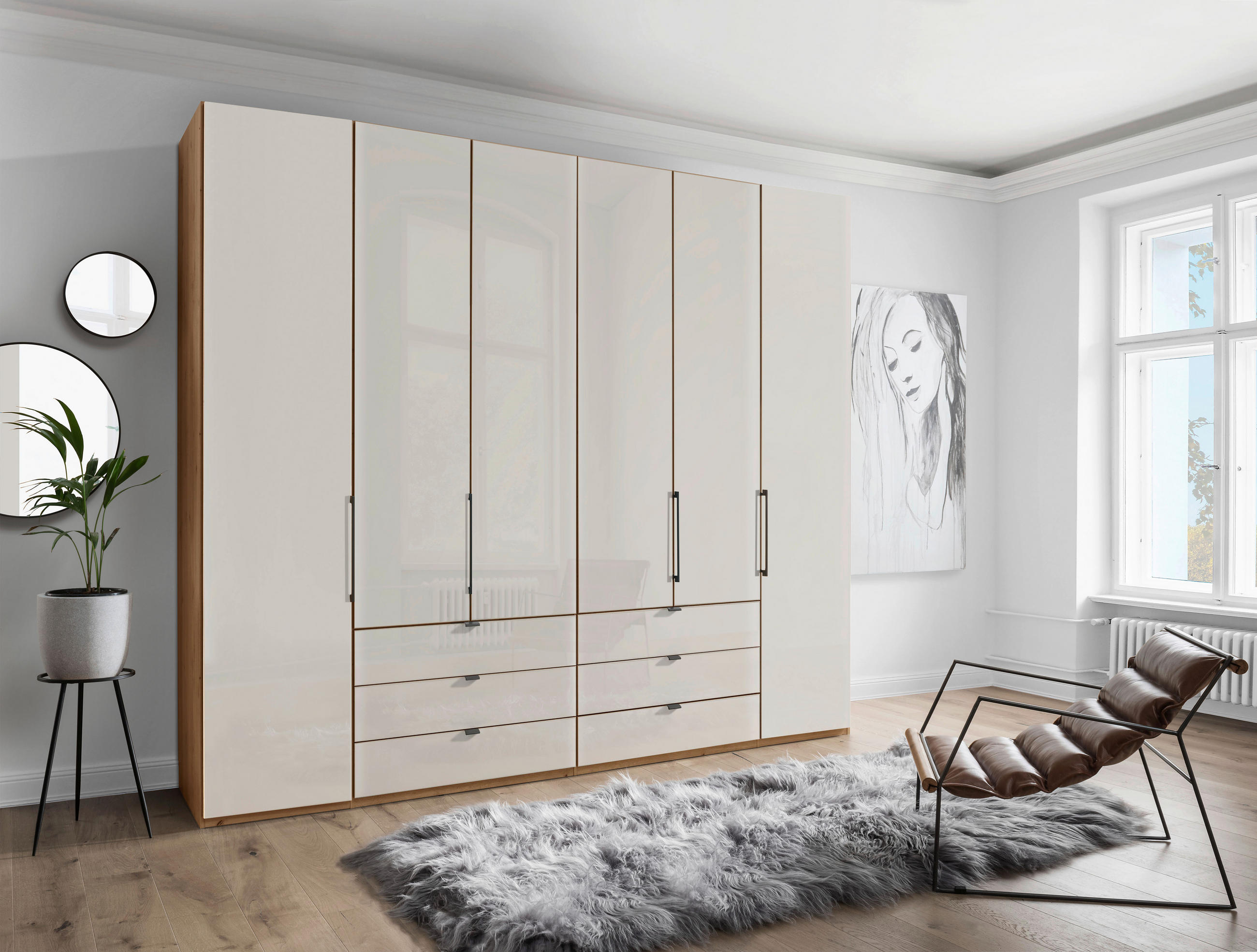 FALTTÜRENSCHRANK 250/216/58 cm 6-türig Champagner, Eiche Bianco  - Schieferfarben/Eiche Bianco, KONVENTIONELL, Glas/Holzwerkstoff (250/216/58cm) - Dieter Knoll