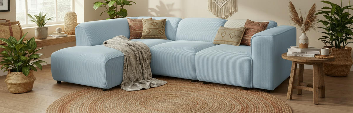 ECKSOFA ANTHONY Blau Cord  - Blau/Schwarz, Design, Kunststoff/Textil (163/275cm) - MID.YOU