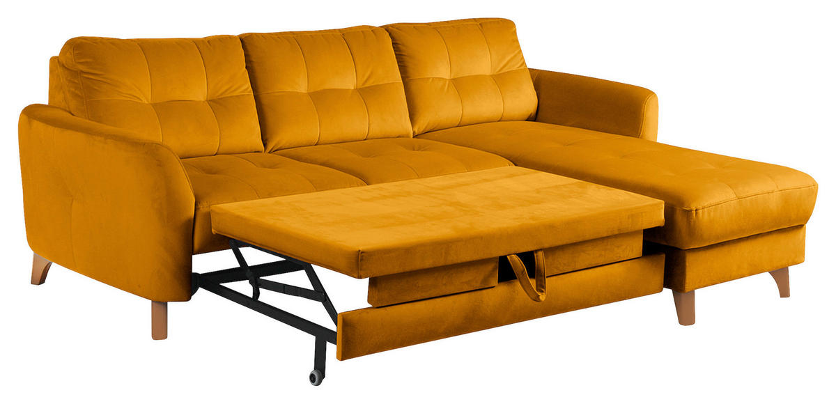 ECKSOFA Gelb Samt Bettkasten, Schlaffunktion, Liegefläche im Originalstoff  - Gelb/Buchefarben, Design, Holz/Textil (238/168cm) - Livetastic