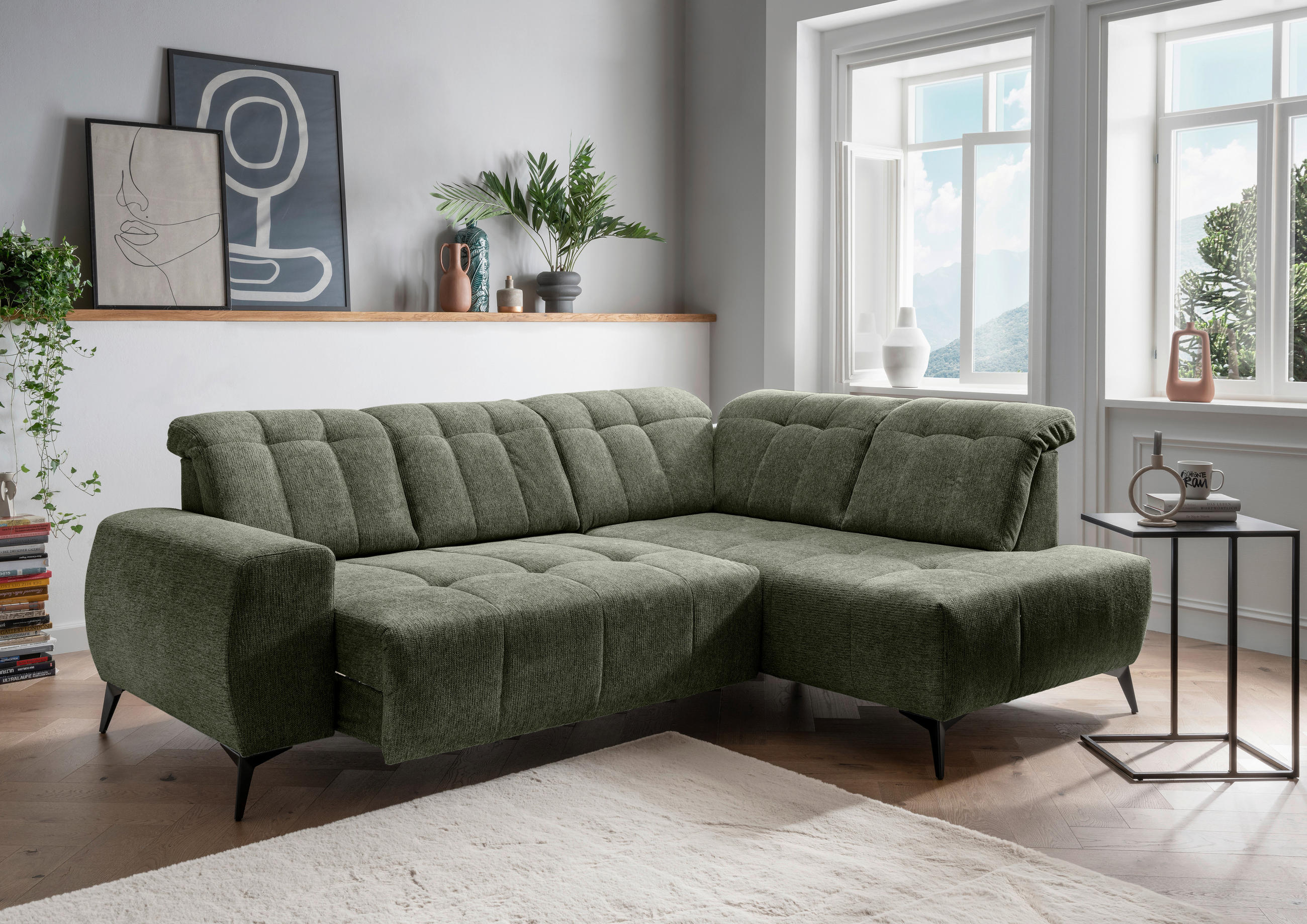 ECKSOFA in Chenille Grün 261/200 cm - Schwarz/Grün, MODERN, Textil/Metall (261/200cm) - Livetastic