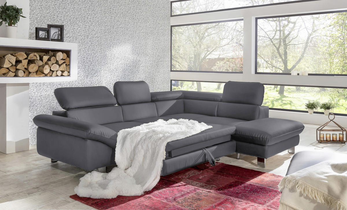 WOHNLANDSCHAFT in Lederlook Fango  - Chromfarben/Fango, Modern, Textil/Metall (266/214cm) - MID.YOU