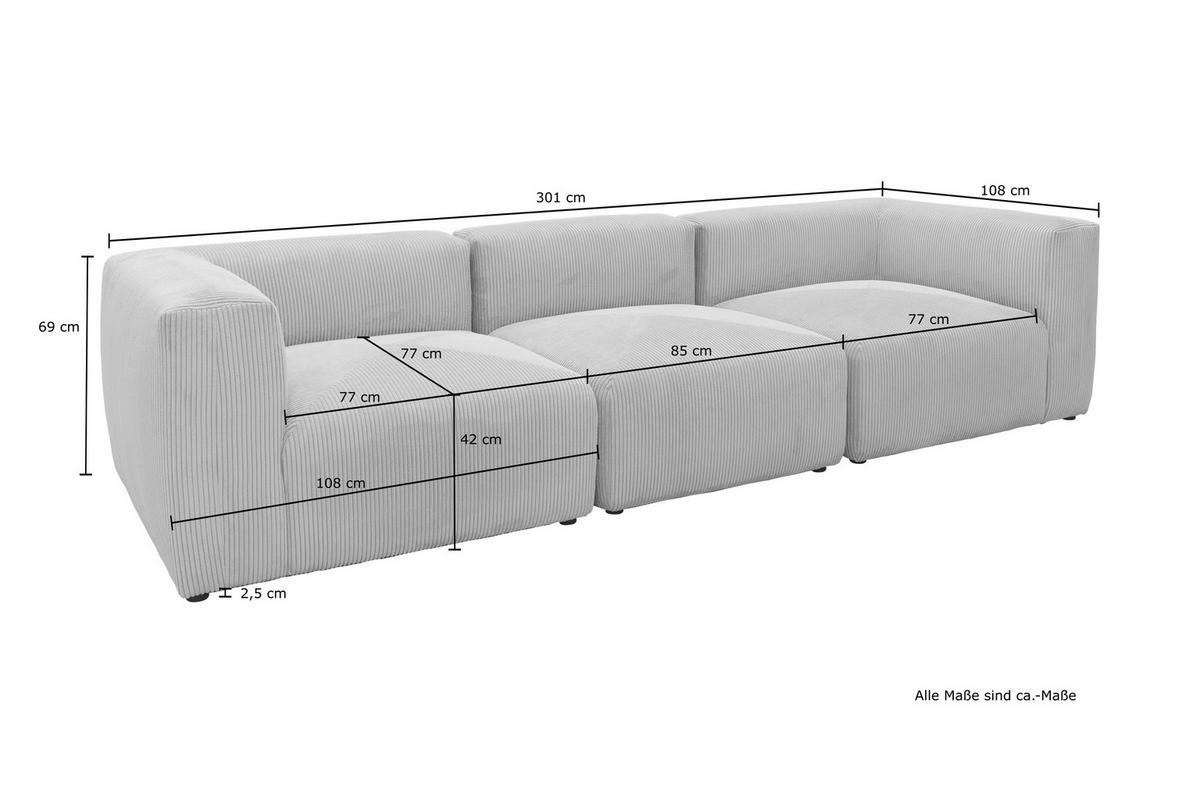 3-SITZER-SOFA Cord, Mikrofaser Schlammfarben  - Schlammfarben/Schwarz, Design, Kunststoff/Textil (301/69/108cm) - MID.YOU