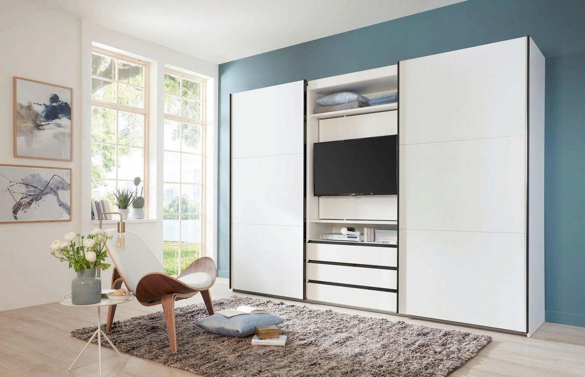 SCHWEBETÜRENSCHRANK in Weiß  - Edelstahlfarben/Weiß, MODERN, Holzwerkstoff/Metall (300/216/65cm) - P & B