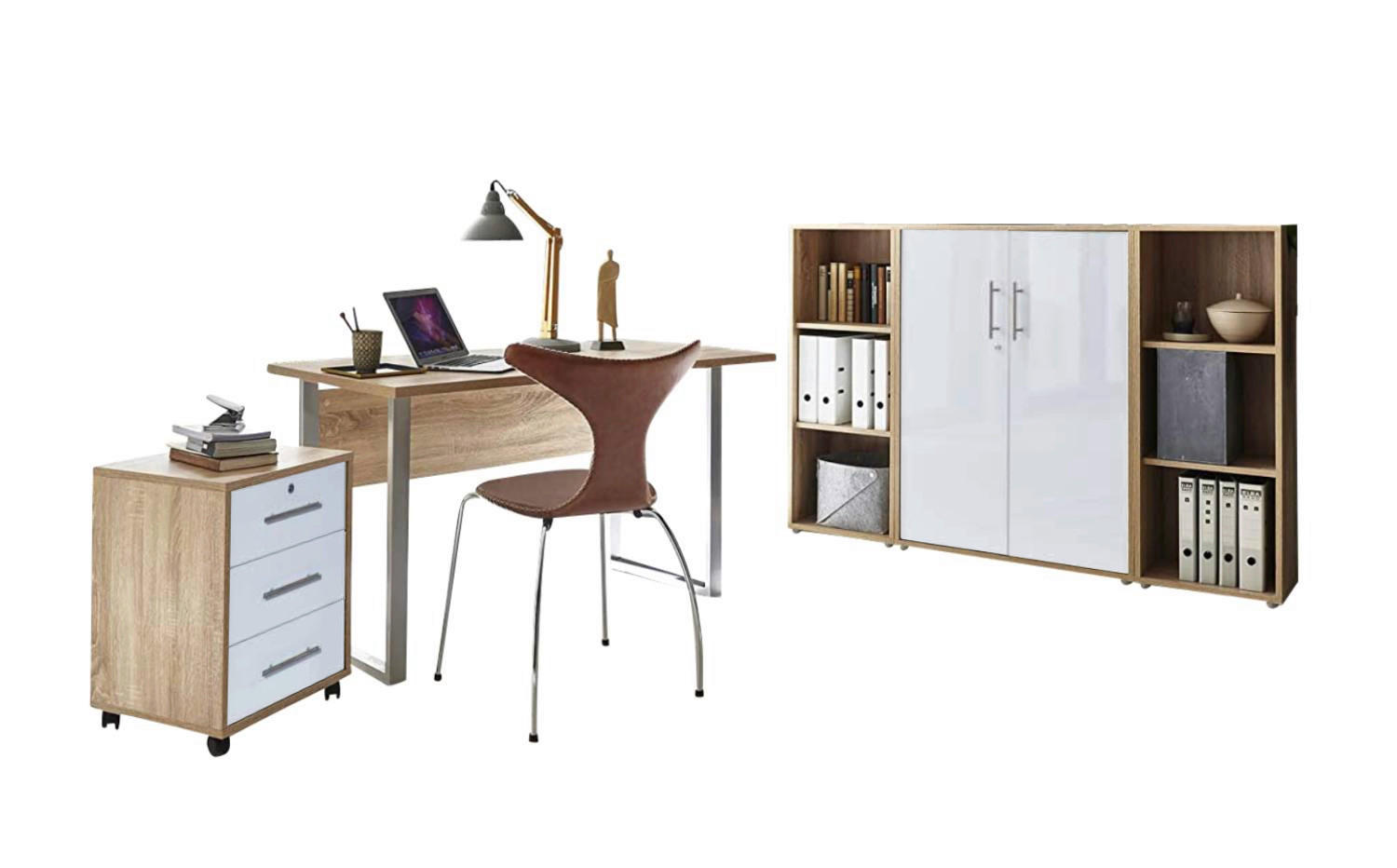 BÜRO erweiterbar, abschließbar Sonoma Eiche, Weiß Hochglanz - Weiß Hochglanz/Sonoma Eiche, MODERN, Holzwerkstoff/Metall - MID.YOU
