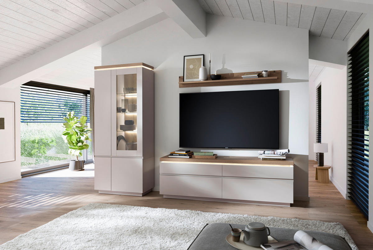 WOHNWAND 3-teilig  in Eichefarben, Kaschmir  278/197/40 cm  - Kaschmir/Eichefarben, Design, Glas/Holzwerkstoff (278/197/40cm) - Livetastic