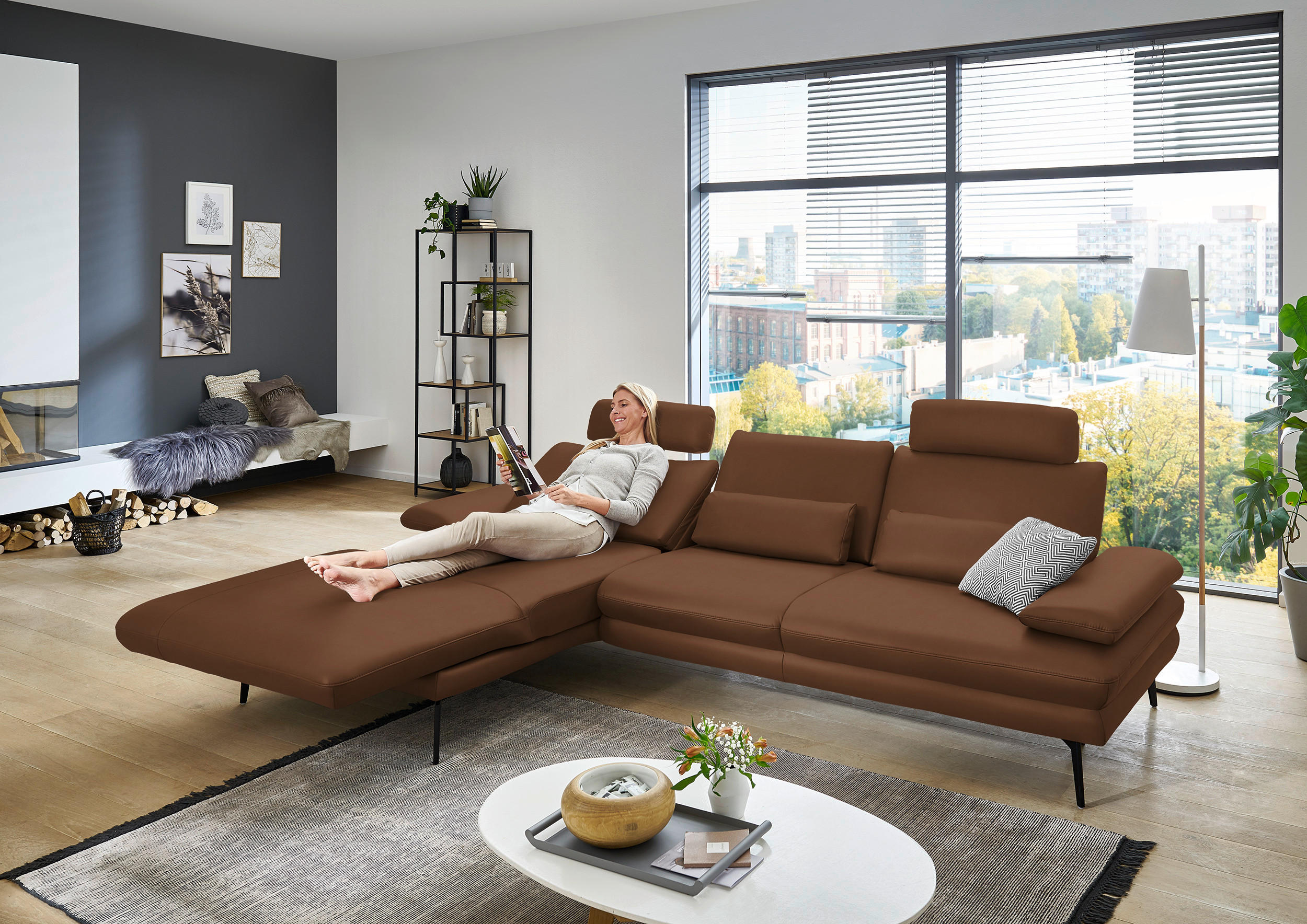 ECKSOFA in Echtleder Hellbraun  - Hellbraun/Schwarz, Design, Leder/Metall (180/310cm) - Dieter Knoll