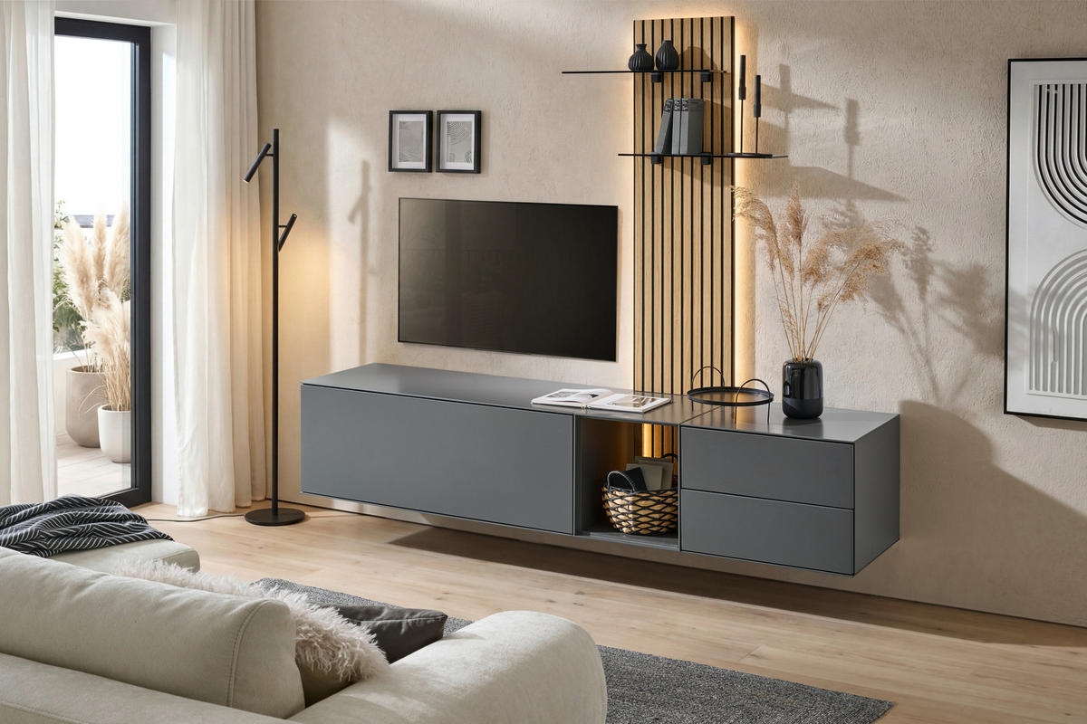 WOHNWAND  in Anthrazit, Eichefarben  221/160/50 cm  - Eichefarben/Anthrazit, Design, Glas/Holz (221/160/50cm) - Dieter Knoll