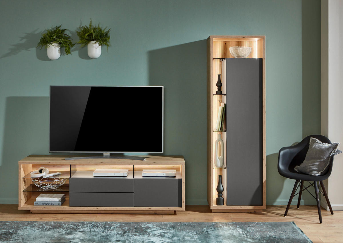 VITRINE Grau, Eiche Artisan  58/183,5/36 cm  - Eiche Artisan/Grau, Design, Glas/Holzwerkstoff (58/183,5/36cm) - Stylife