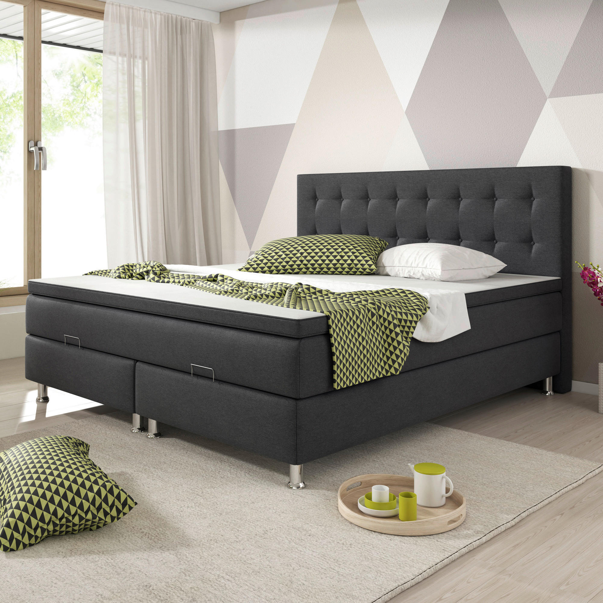 BOXSPRINGBETT 180/200 cm  in Anthrazit  - Anthrazit/Silberfarben, KONVENTIONELL, Textil/Metall (180/200cm) - MID.YOU