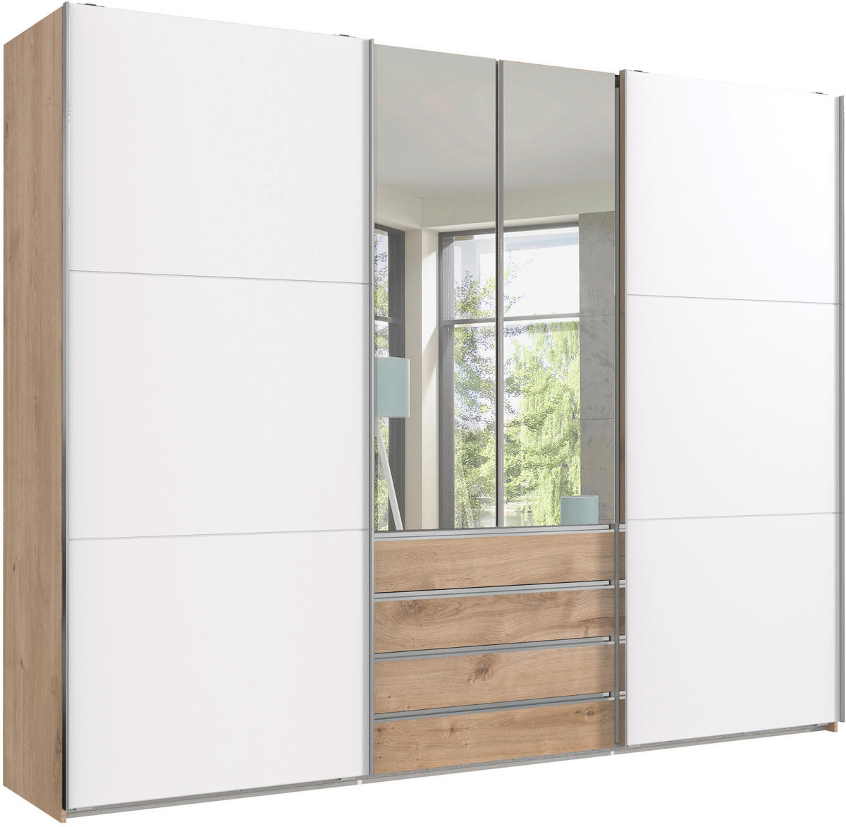 SCHWEBETÜRENSCHRANK 300/236/65 cm,  in Weiß, Eichefarben, 2+2  - Chromfarben/Eichefarben, MODERN, Glas/Holzwerkstoff (300/236/65cm) - P & B