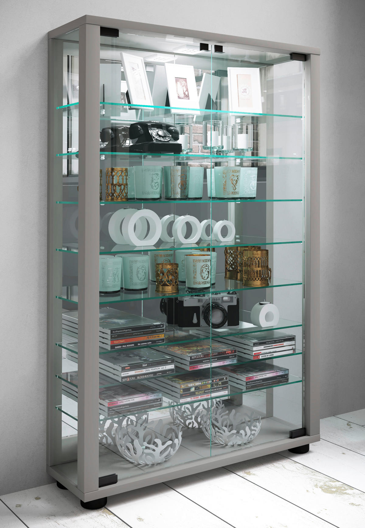 VITRINE in Silberfarben  - Silberfarben/Schwarz, Modern, Glas/Holzwerkstoff (59/91,3/18cm) - MID.YOU