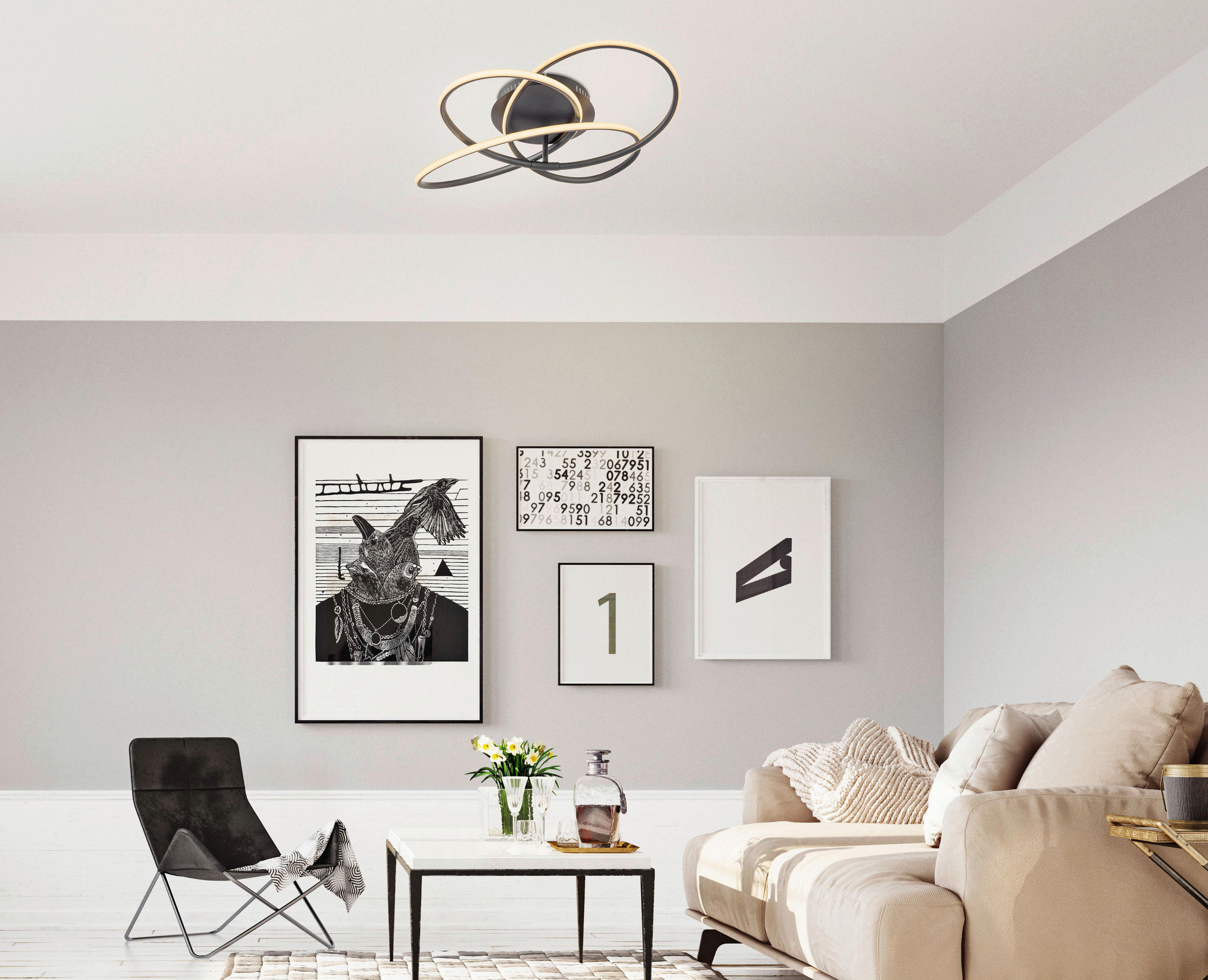 LED-DECKENLEUCHTE 60/12,7 cm   - Opal/Schwarz, Design, Kunststoff/Metall (60/12,7cm) - Globo