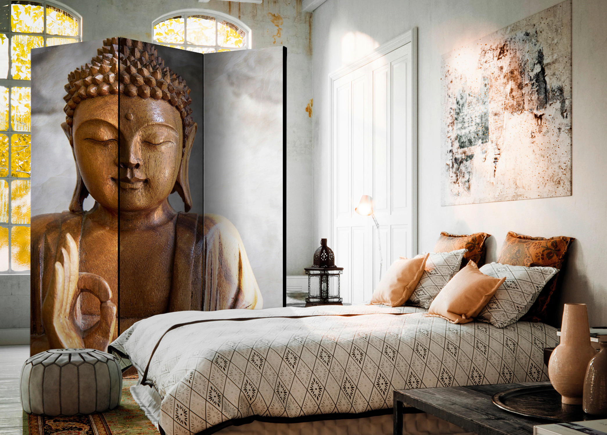 Thumbnail - artgeist Paravent, Hellgrau, Beige, Holz, Kunststoff, Textil, Kiefer, massiv, orientalisch, 135x172x3 cm, Motiv auf Vord...