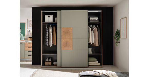 SCHWEBETÜRENSCHRANK  in Salbeigrün, Eiche Artisan  - Salbeigrün/Schwarz, KONVENTIONELL, Holzwerkstoff/Metall (240/225,5/63,7cm) - Xora