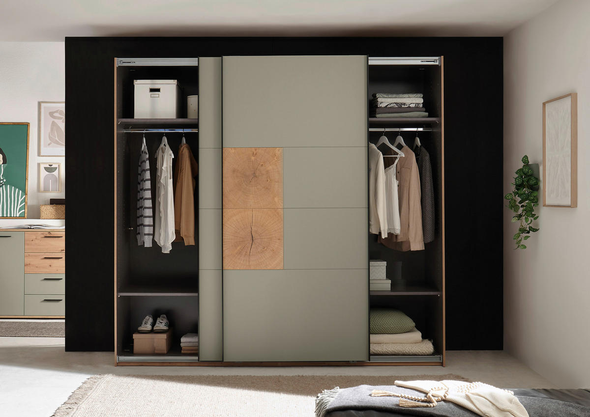 SCHWEBETÜRENSCHRANK  in Salbeigrün, Eiche Artisan  - Salbeigrün/Schwarz, KONVENTIONELL, Holzwerkstoff/Metall (240/225,5/63,7cm) - Xora