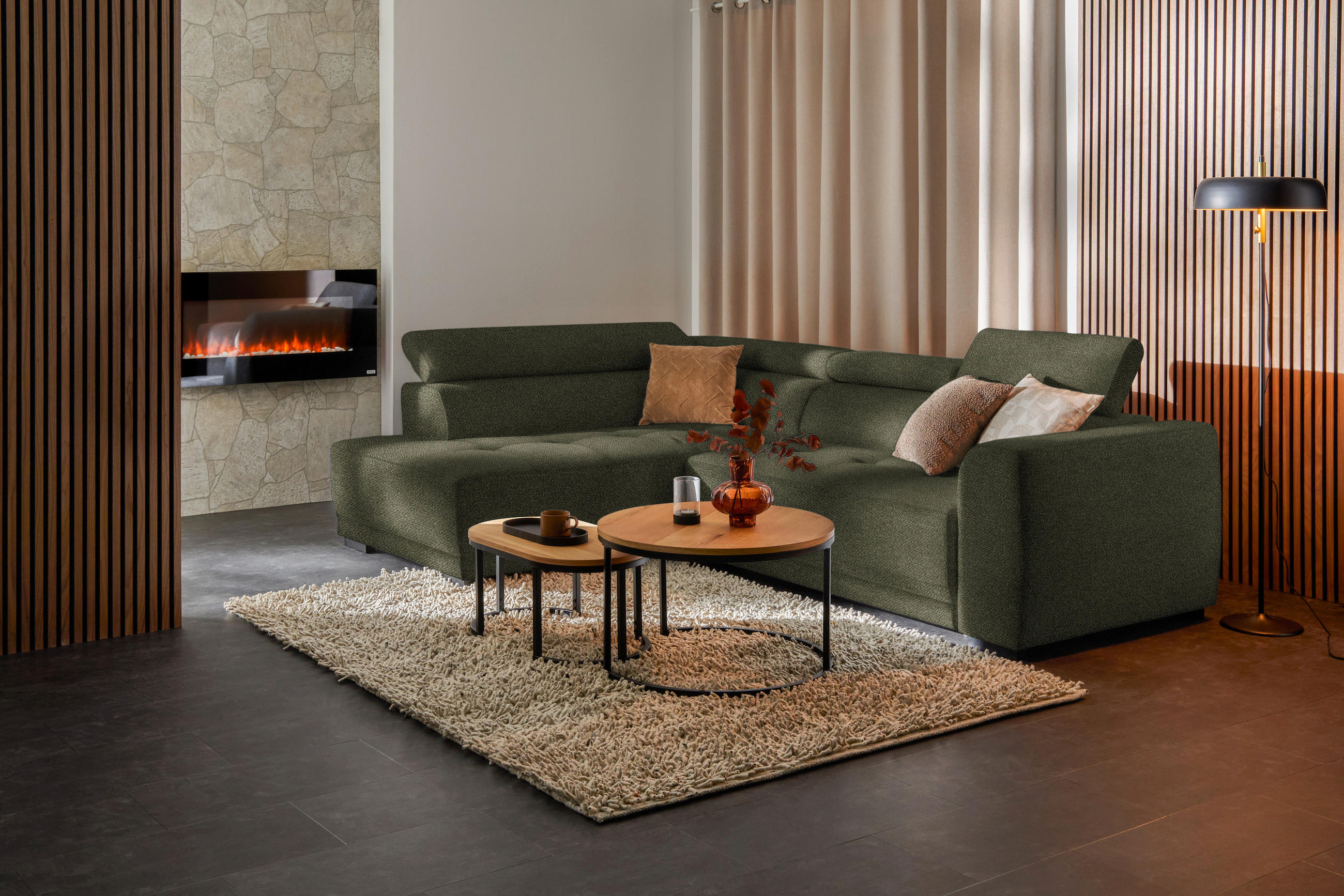 ECKSOFA in Struktur Olivgrün  - Schwarz/Olivgrün, Design, Kunststoff/Textil (205/284cm) - MID.YOU